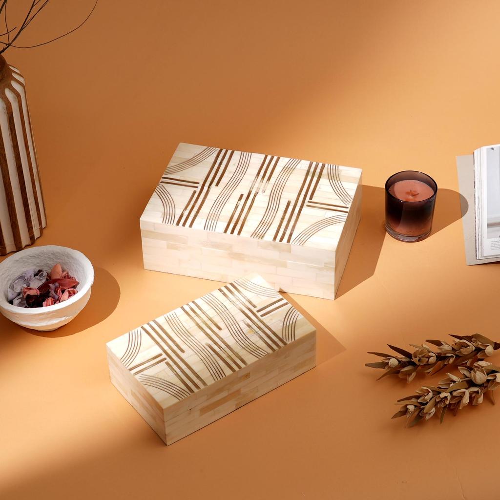 Geometric Bone Inlay Box Set of 2 – Handcrafted Modern Decorative Storage Boxes