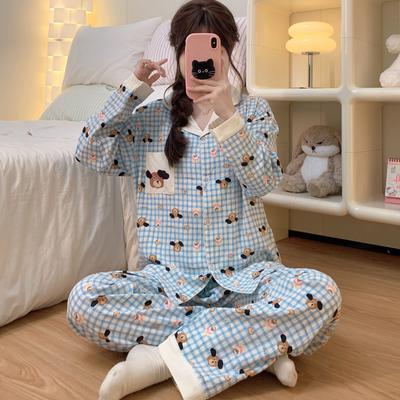 Perro de Dibujos Animados Dulce Lindo Pijama Mujer Invierno Cuello Solapa Cuadros Manga Larga Ropa de Dormir para Dormir Ropa de Noche Casual