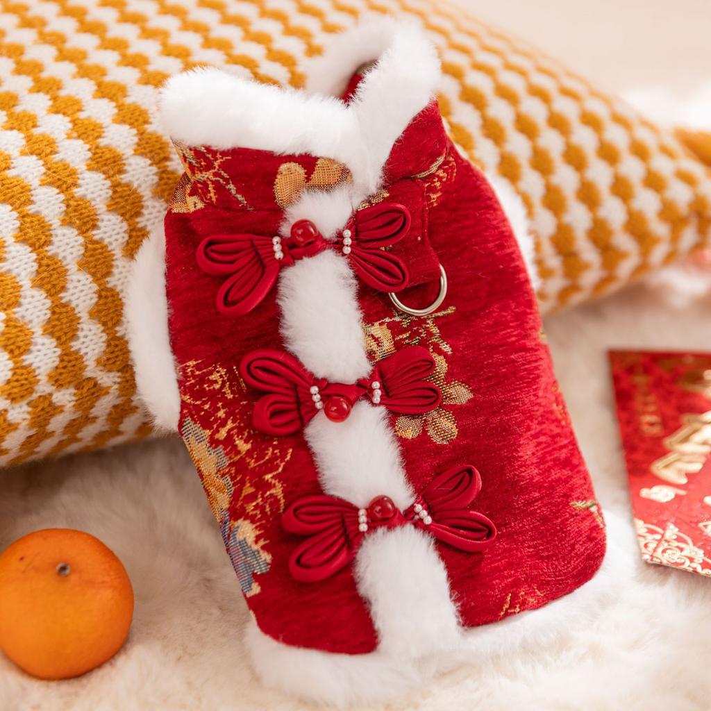 New Year Dog Dragon Robe Costume Warm Cat Cheongsam Winter Pet Vest of The Tang Dynasty Christmas Coat for Cat Teddy Bichon Dogs
