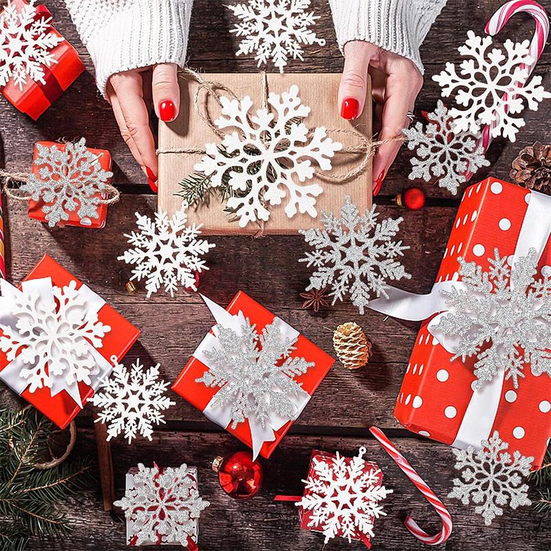 12Pcs Paper Snowflakes Christmas Tree Decorations Pendant Ornaments Glitter White Snow Flakes Indoor Winter Home New Year Decor