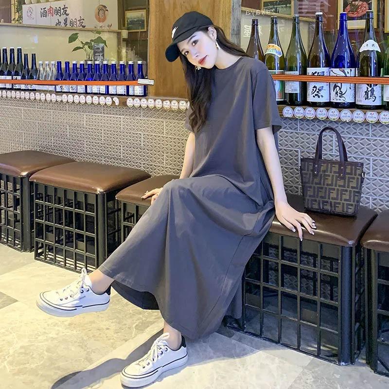 Plus Size Women Dress Summer Loose Short Sleeve Silky Slim Dress Age Reducing A-Line Dress Female