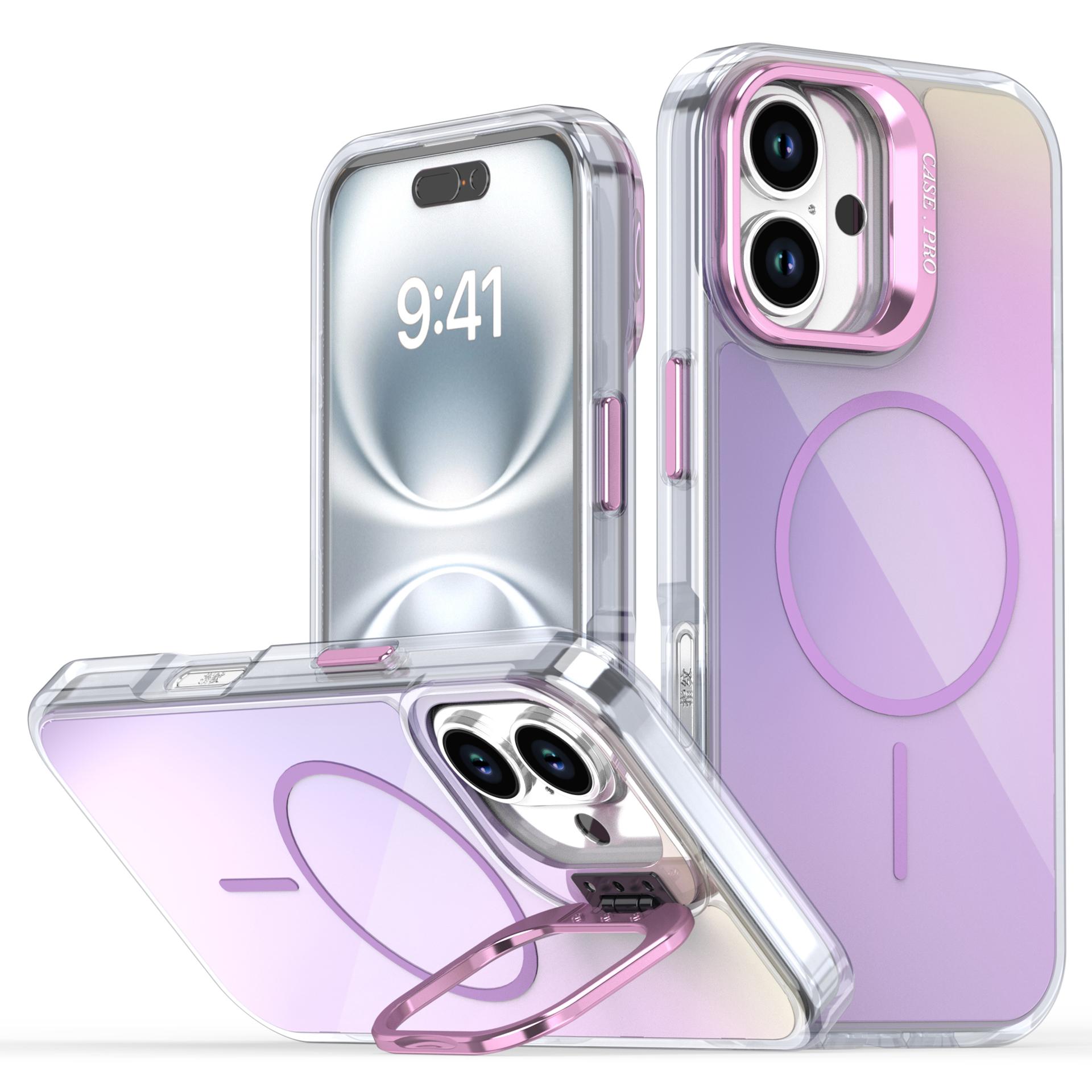 For iPhone 16 Case Compatible with MagSafe TPU + Acrylic Gradient Phone Cover with Kickstand D