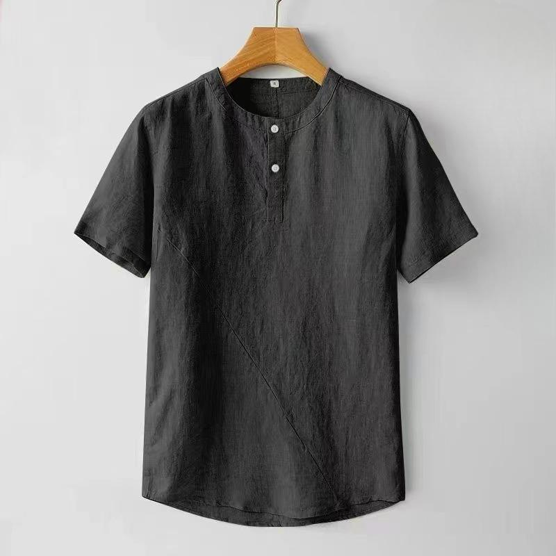 Chinese Style Men's Linen Short-sleeved Shirt Men's Summer Thin Casual Retro Cotton and Linen Pullover Stand-up Collar Shirt