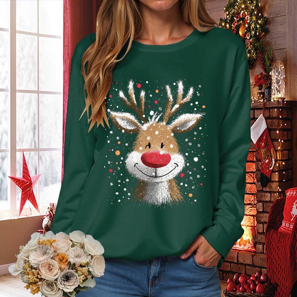 Women's Fashionable Casual Long-Sleeved Loose-Fit Christmas Print Round-Neck Pullover Sweatshirt
