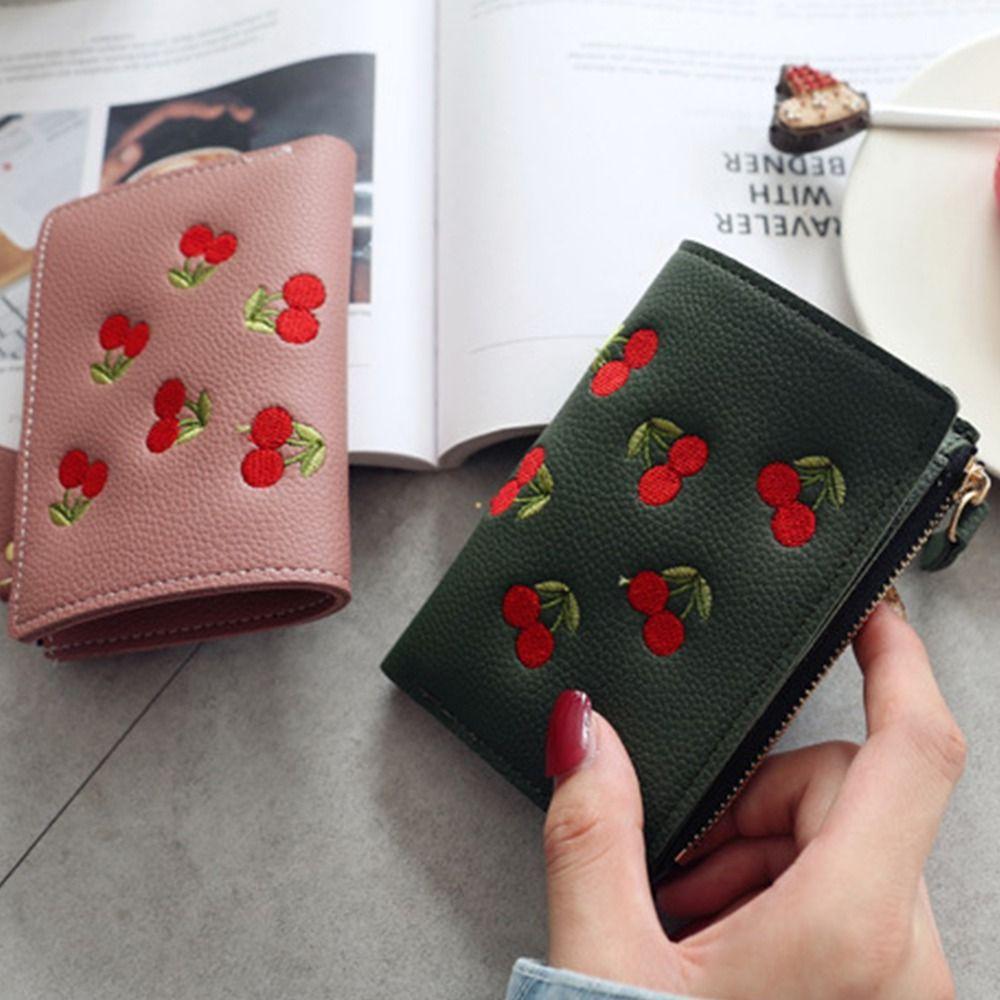 Korean Style Short Clutch Bag PU Leather Zipper Change Bag Temperament Retro Cherry Wallets Women