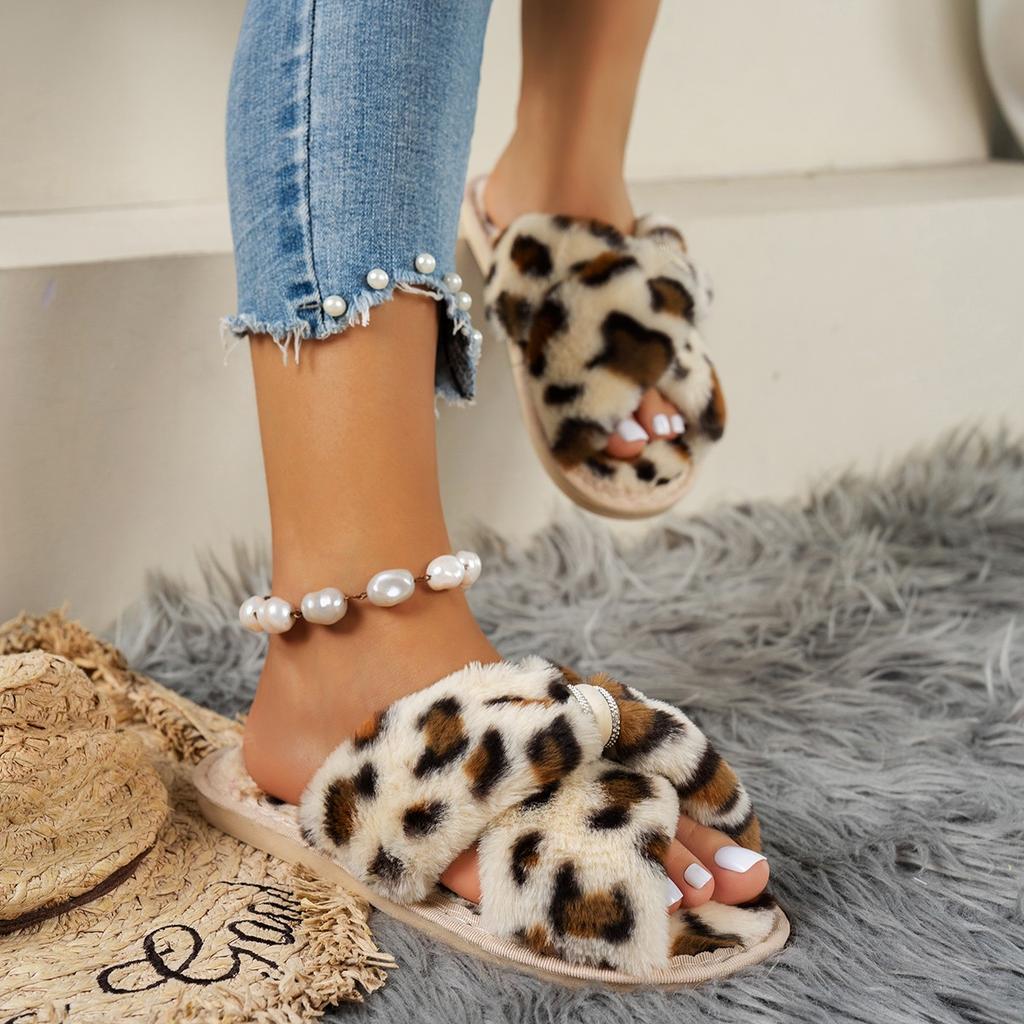 Autumn Winter Leopard Print Slippers Women's Fashion Plush Fur Slides Home Flip Flops Indoor Warm EVA Anti Slip Living Room Shoe