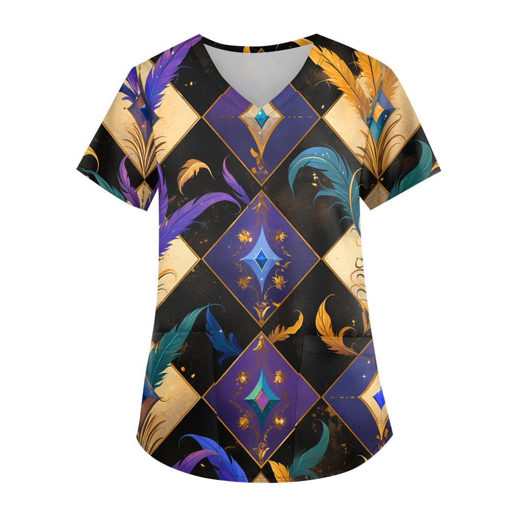 Damen Karneval Bedruckte Mode V-Ausschnitt Tasche Kurzarm Krankenpflege- und Arbeiter-Oberteil