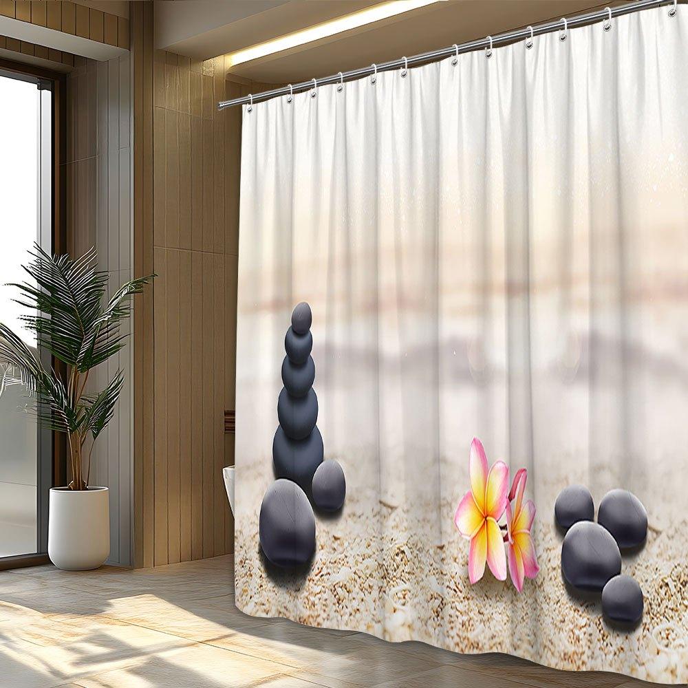 "1pc Minimalist Beach Scene Shower Curtain - Stones & Hibiscus, 70.87x70.87", Polyester, Machine Washable, 12 Hooks