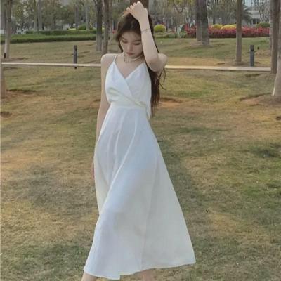 Stylish Backless V-Neck Summer Dress with Lined Skirt In Trendy White.