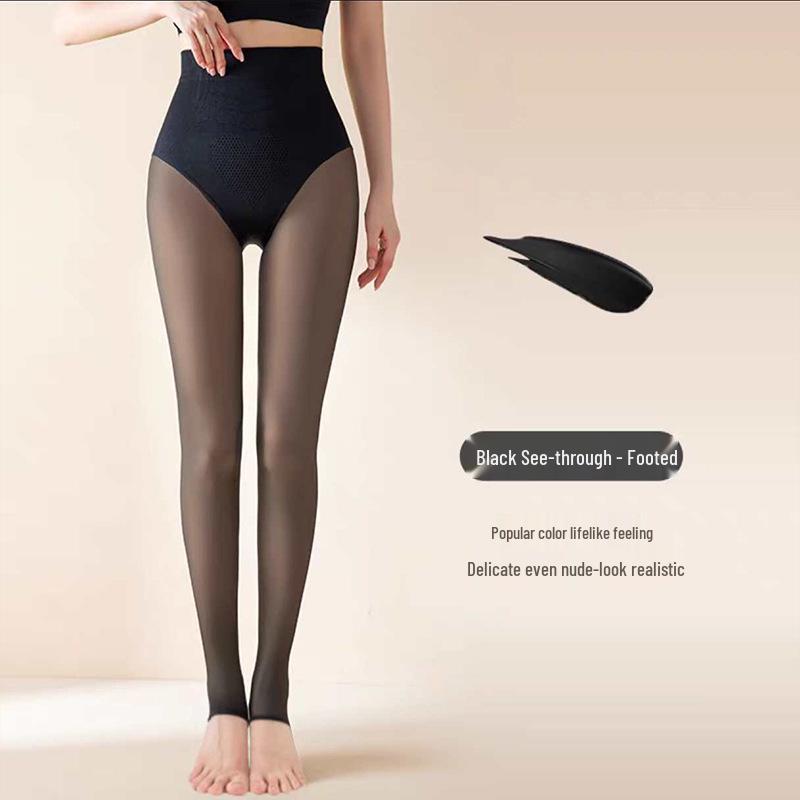High-Waisted Black Fleece-Lined See-Through Leggings, Tummy Control, Nude Feel, Autumn/Winter Sheer Pantyhose