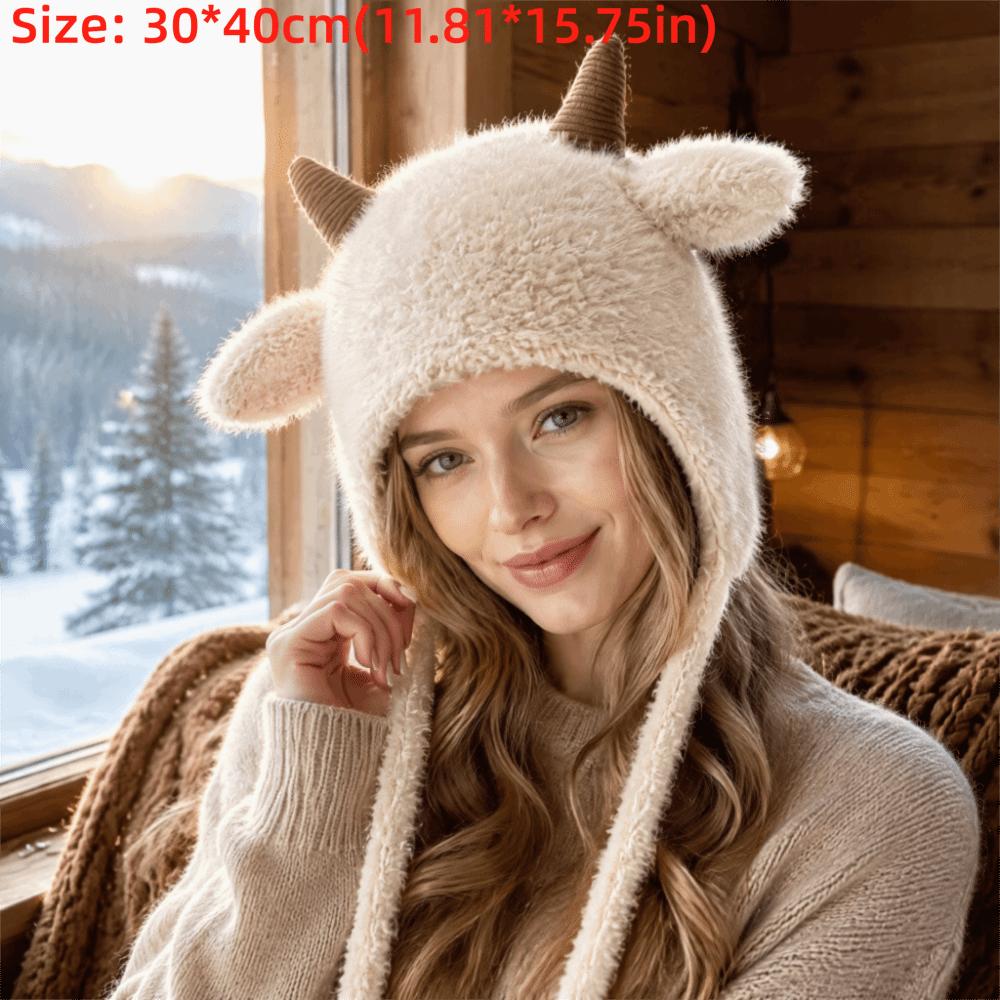 Fleece Lined Knitted Hat Korean Style Sheep Horn Hat Cute Trapper Hat Cold Weather