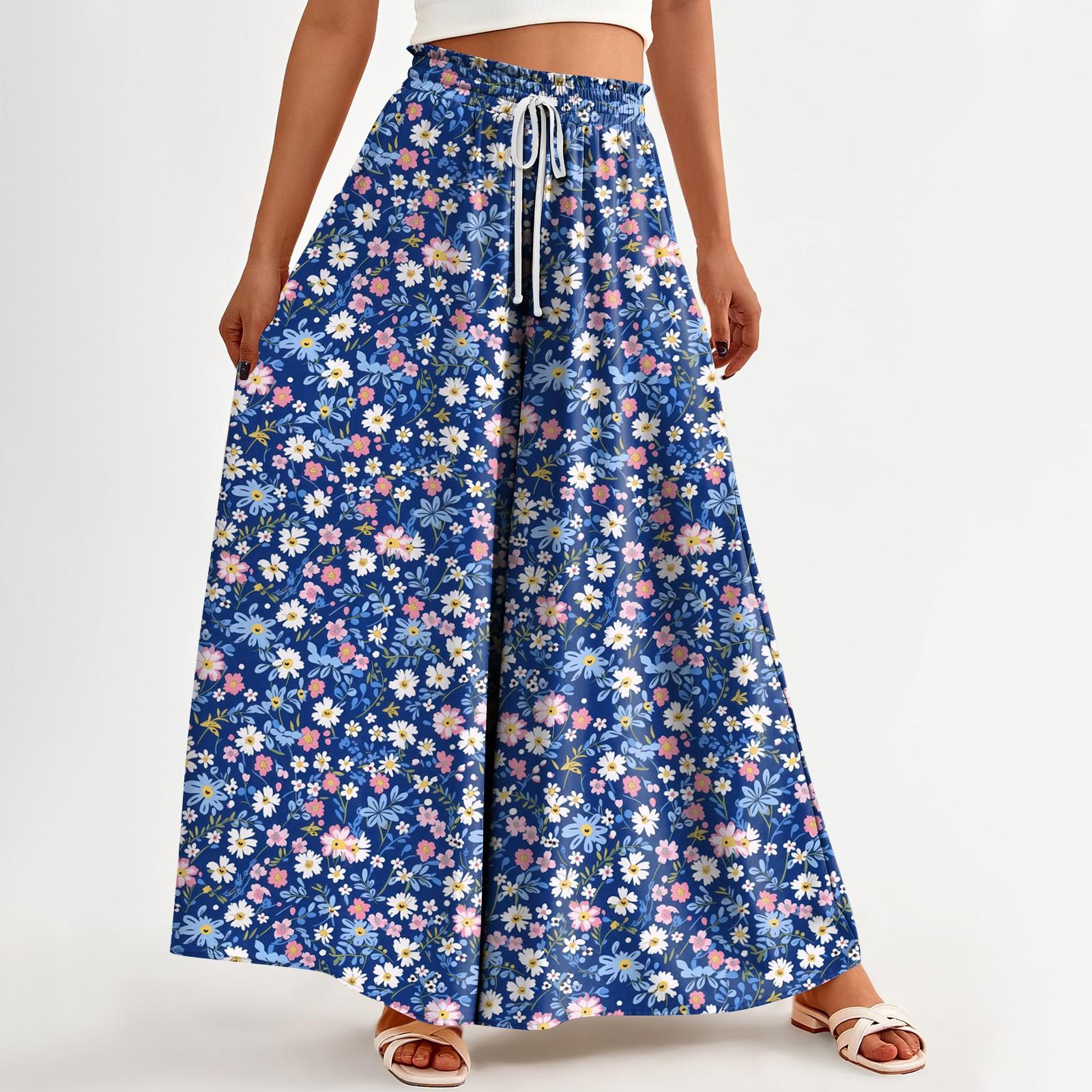 

Женские брюки с принтом и широкими штанинами, с карманами, с высокой талией, на кулиске, свободные, повседневные L синий