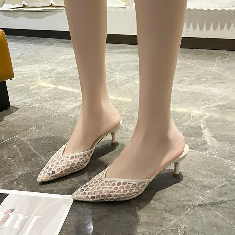 Fashion Baotou Slippers Women's Fashion Pointed Toe Shallow Mesh Breathable Cover Foot Anti-slip Wear-resistant High Heels