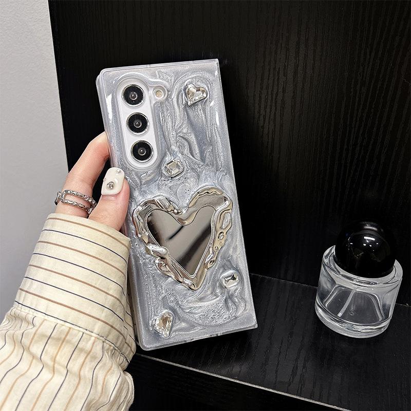 Silver Gray Glue Phone Case for Samsung Zflip6 Flip Folding Screen Zfold5 Love Mirror Female New Model