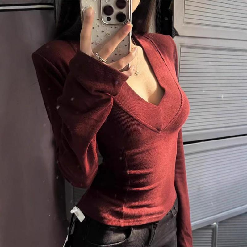 

Spring Autumn V-neck Solid Color Bottomed T-shirt Women Long Sleeve Casual Fashion All-match Tee Pullover Top S красный