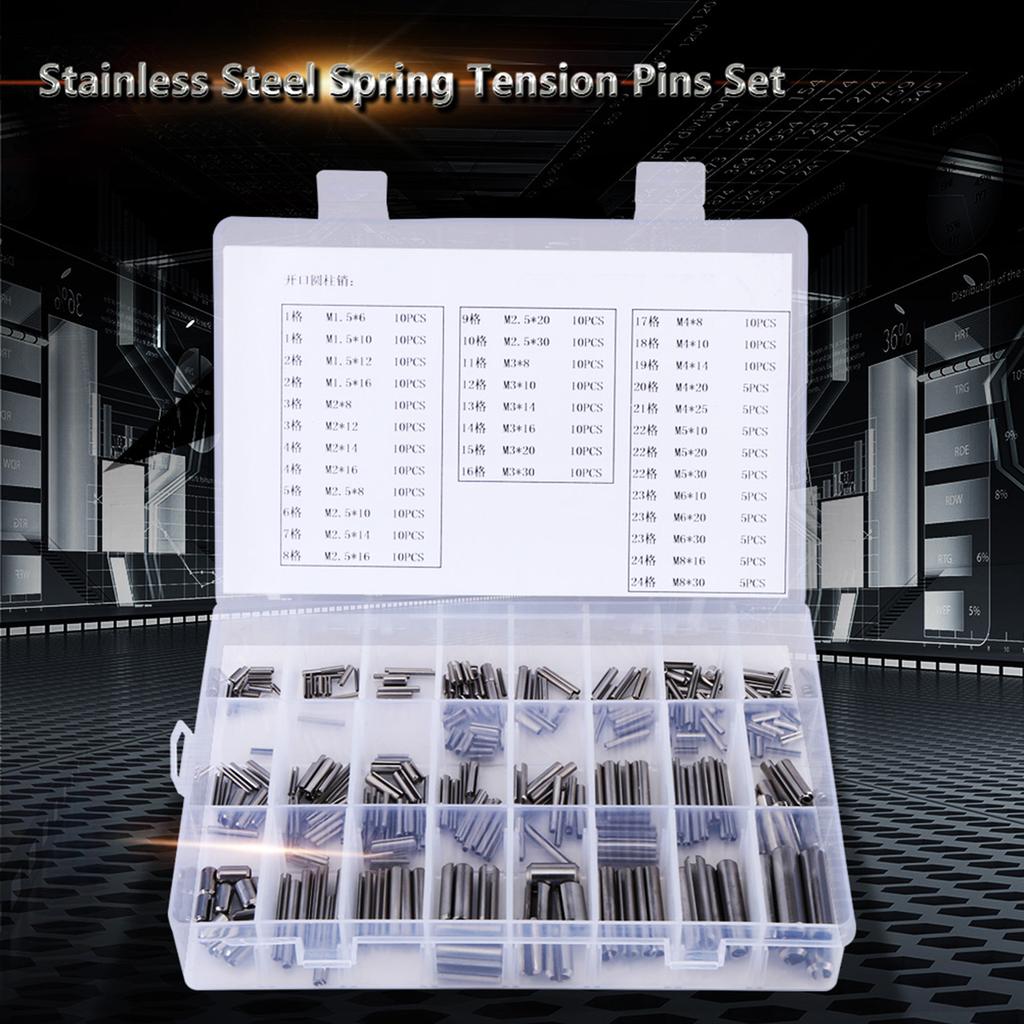 280Pcs Stainless Steel Spring Tension Pins Set M1.5 M2 M2.5 M3 M4 M5 M6 M8 with Box