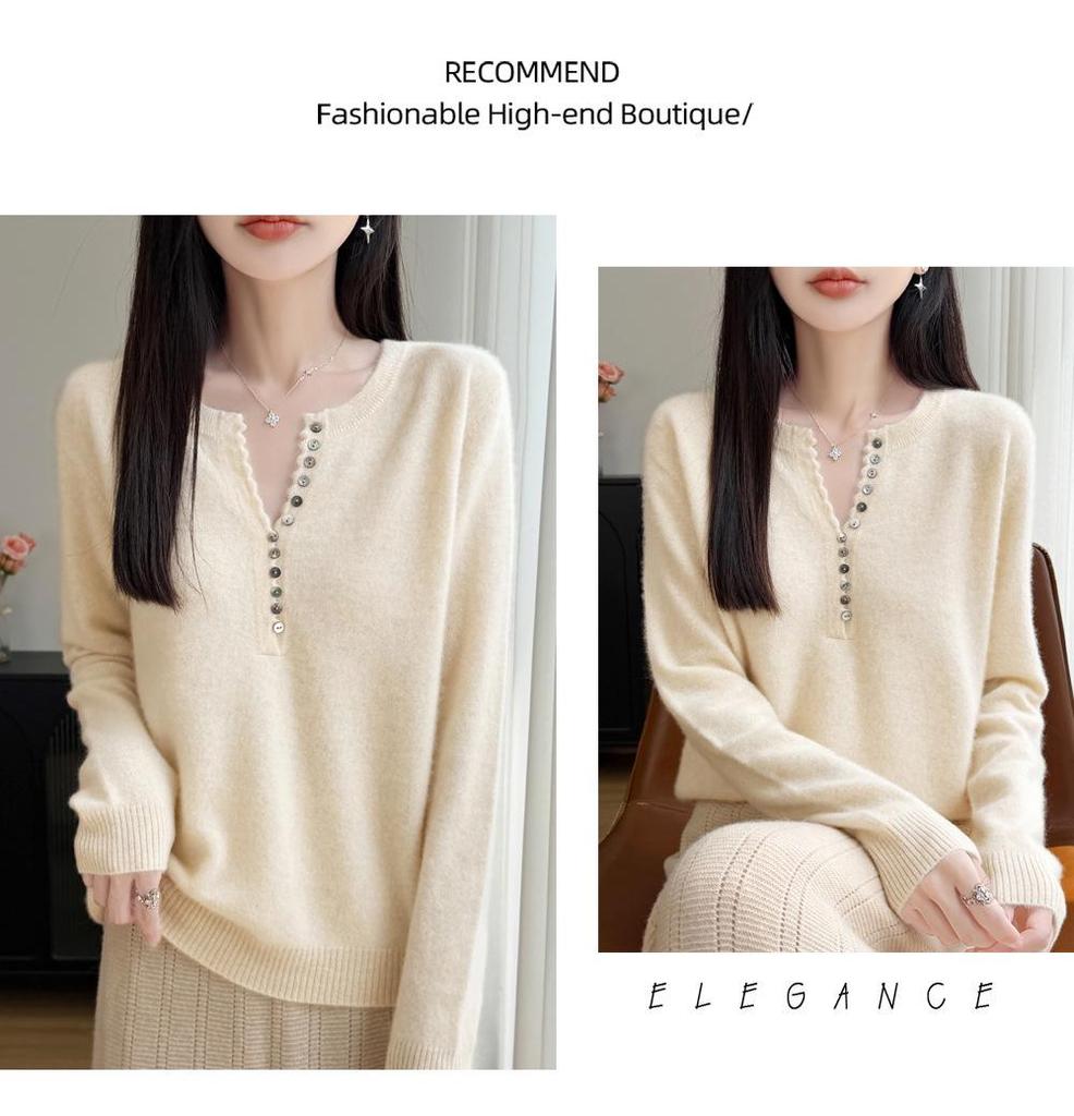 Autumn/Winter Women's Pure Wool V-neck Long Sleeve Multi-button Loose Sweater