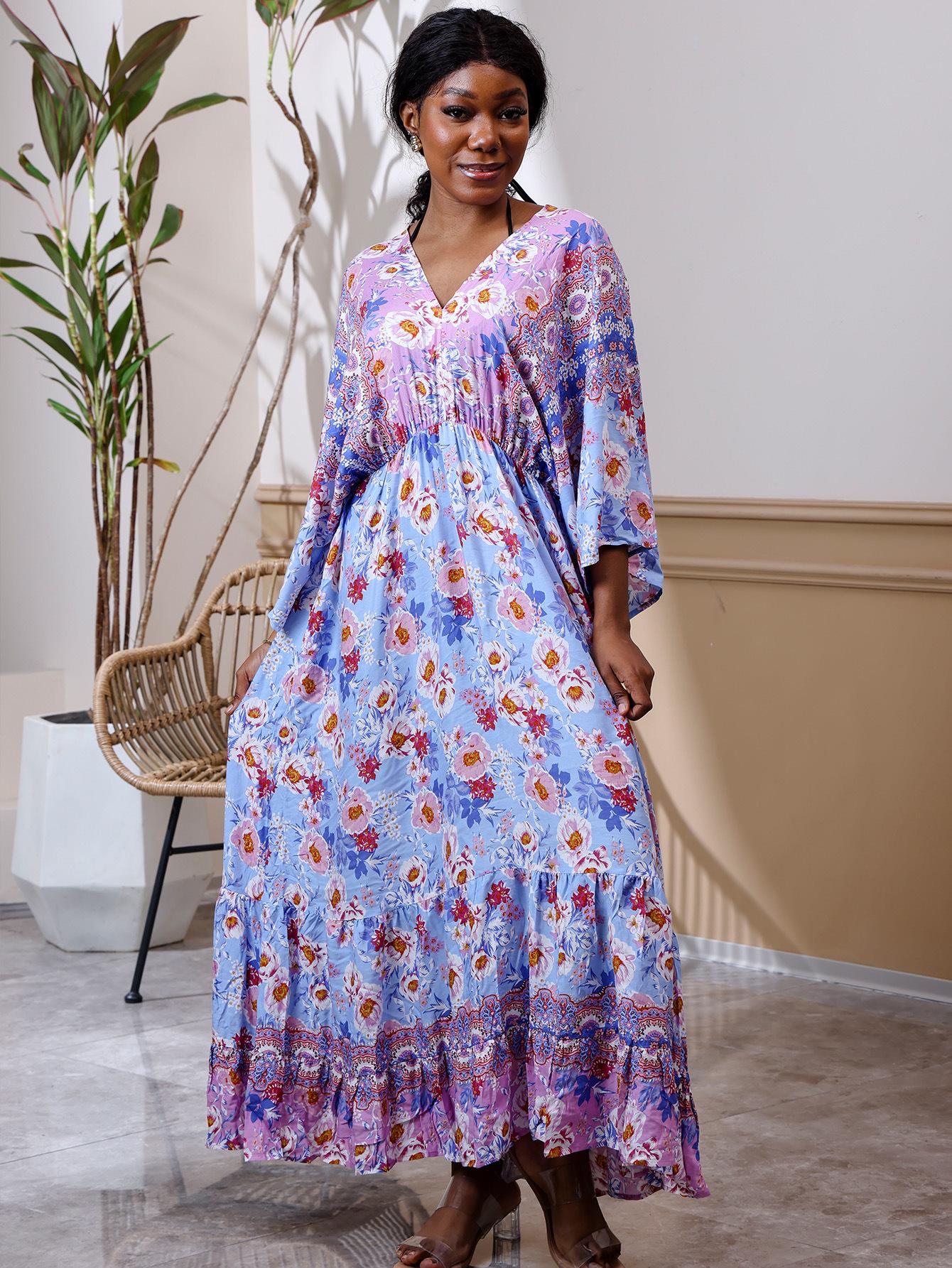 

Летнее платье макси с V-образным вырезом и принтом - Женское платье с эластичной талией и юбкой-клёш One Size