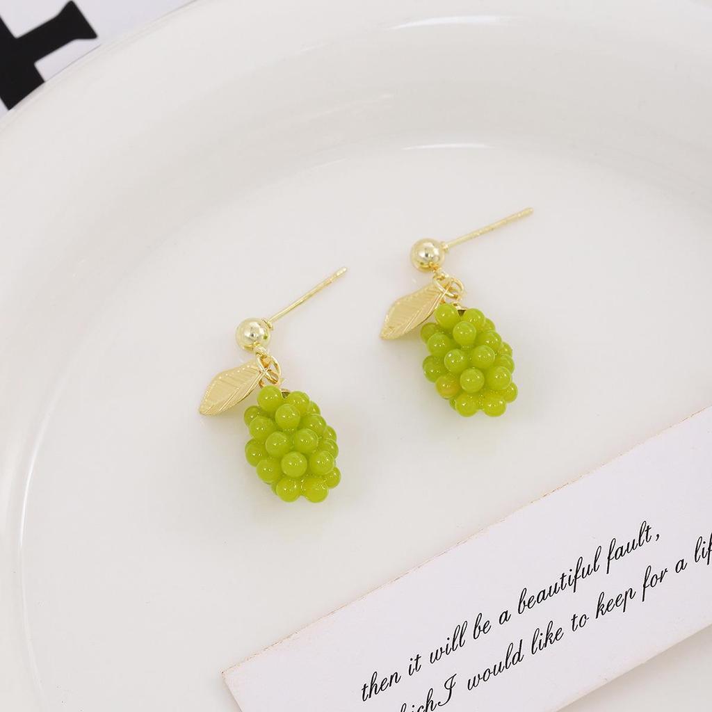 Silver Needle Beaded Green Grape Cluster Earrings - Mori Style