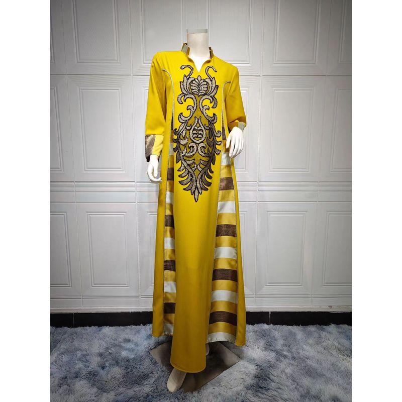 

New Arrival Ethnic Style Embroidered Stripes Dress Party Dress Embroidered Stripe Dress Yellow S