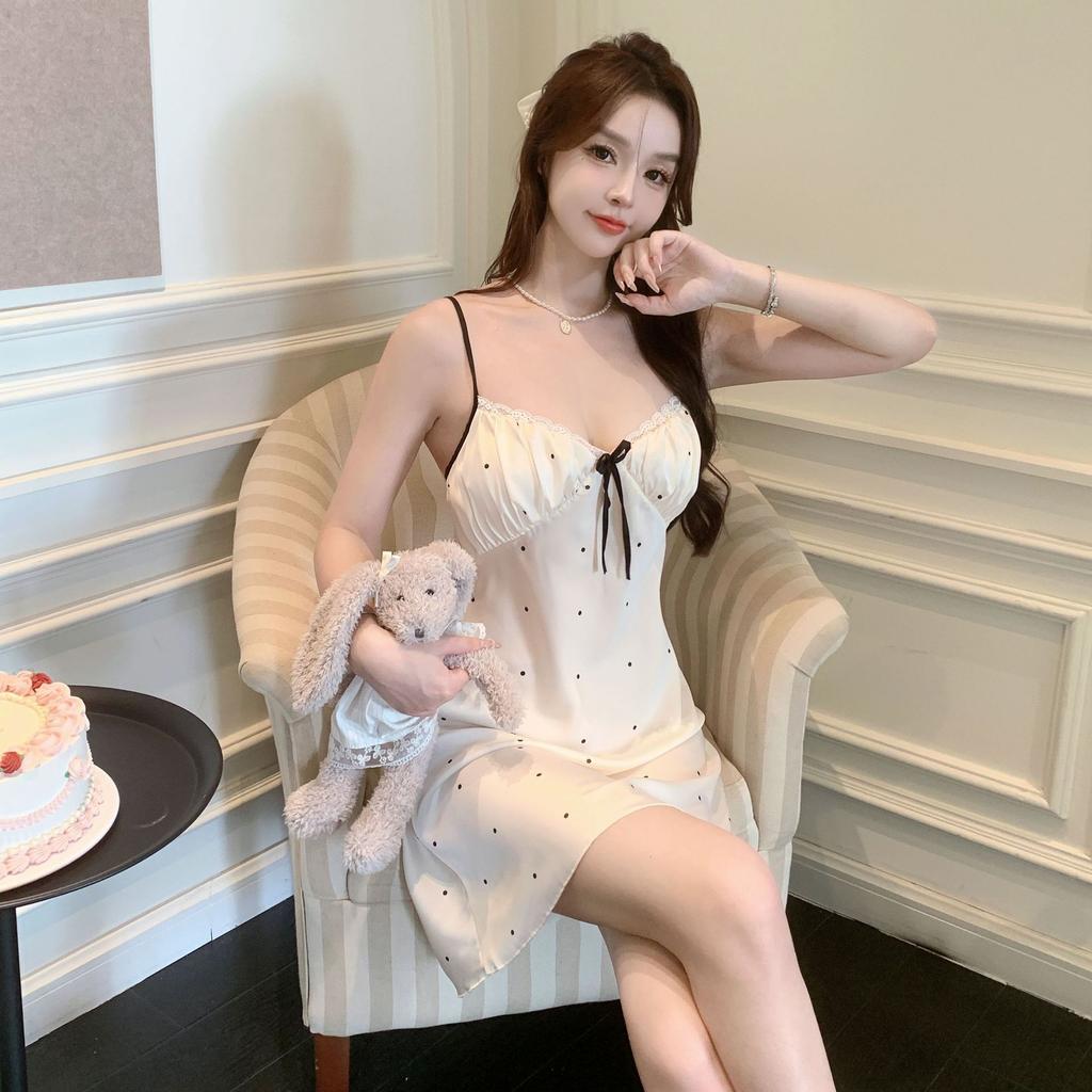 Sexy Pajamas Women's Ice Ribbon Chest Pad Printing Pure Desire Silk Thin Suspender Pajamas Loungewear Available