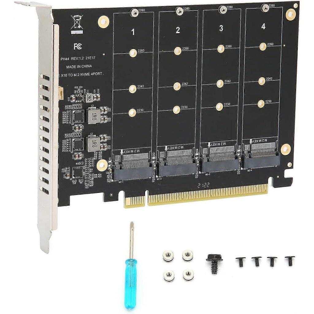 Quad M.2 NVME SSD To PCI-E 4.0 X16 Adapter, High Speed 4x32Gbps Soft Raid Card with Individual LED Indicator Support 2230 2242 2260 2280 (ph44)