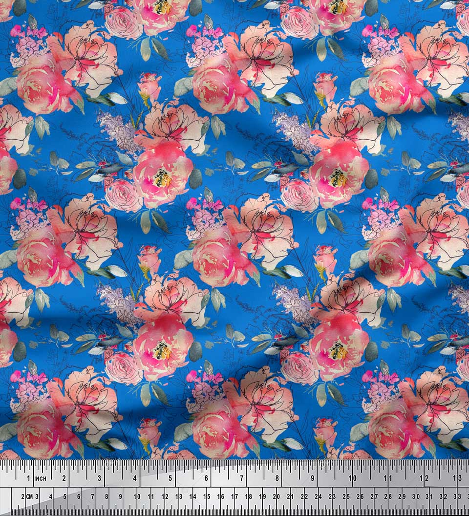 

Soimoi Green Poly Crepe Fabric Ranunculus & Roses Floral Print Fabric by Yard 42 дюйма 42 Inch Wide - Poly Crepe синій