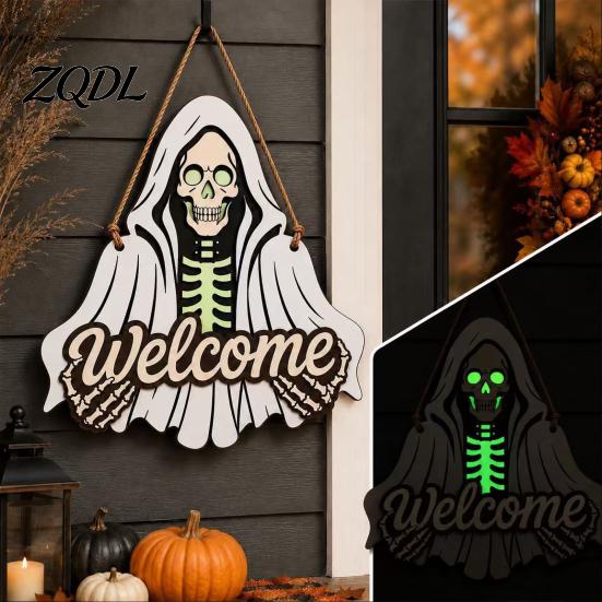 Front Porch Decoration Halloween Wooden Welcome Sign, Skeleton Reaper Irregular Door Decor, Rustic Wood Sign Wall Hanging Ornament for Home