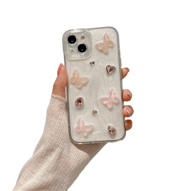Light Luxury Rhinestone Gemstone Love Mobile Phone Case For Iphone17Promax Pink Butterfly Apple 16