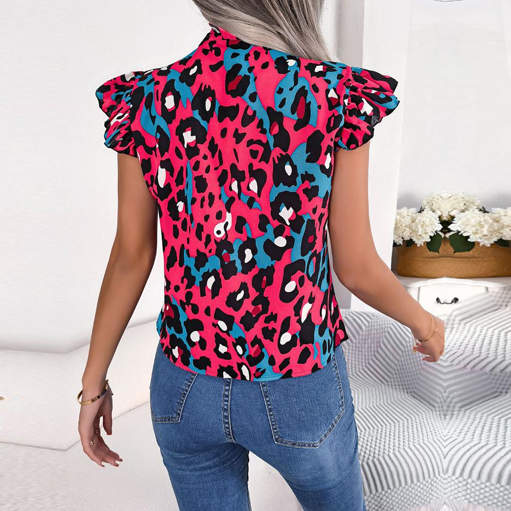 Damen-Bluse für Frühling und Sommer, Freizeit, Leopardenmuster, Holzohren, Schnürung, Chiffon-Oberteil, Schleife, fliegende Ärmel