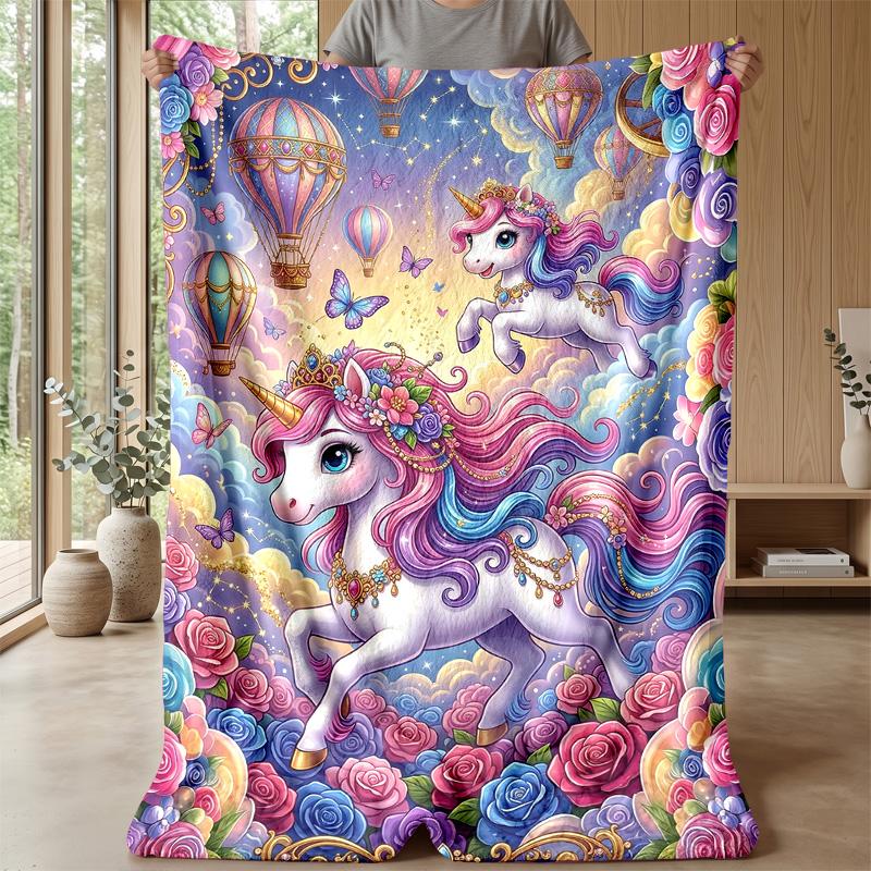 Fantasy Unicorns and Balloons Theme Blanket Lightweight Warm Flannel Blanket Decorative Throw Blanket for Home Decoration