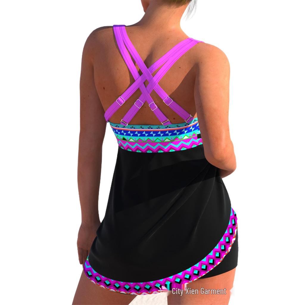 2024 Übergröße Sexy Rückenfreier Bikini mit Schnelltrocknenden Shorts & Rock