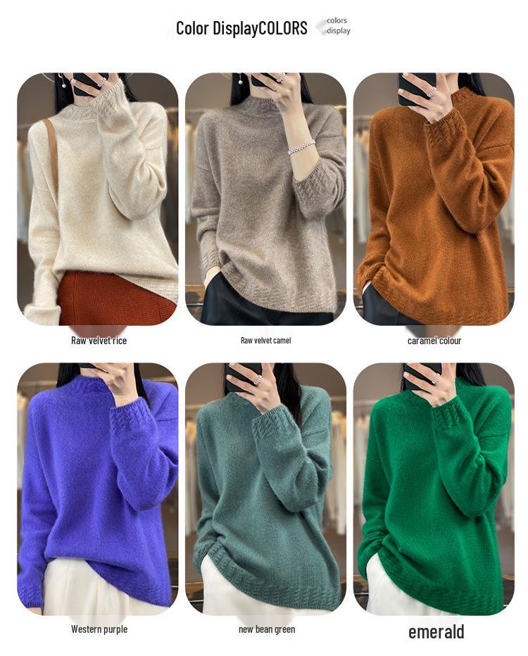 2025 Women's Korean Style Pure Wool Sweater - Half-High Collar, Warm, Loose Fit, Drop Shoulder Cashmere Knit.