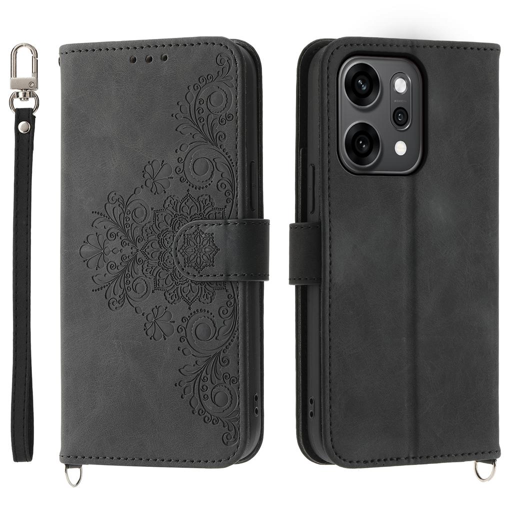 For Oppo Reno14 Pro 5G (Global) Case Flower Pattern PU Leather Wallet Phone Cover with Strap