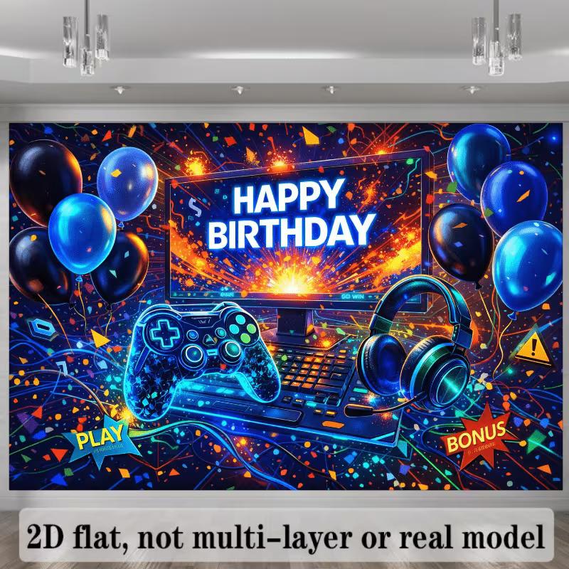 Telo di Sfondo per Compleanno Gaming 2D per Bambini, Decorazione Festa Game al Neon Blu