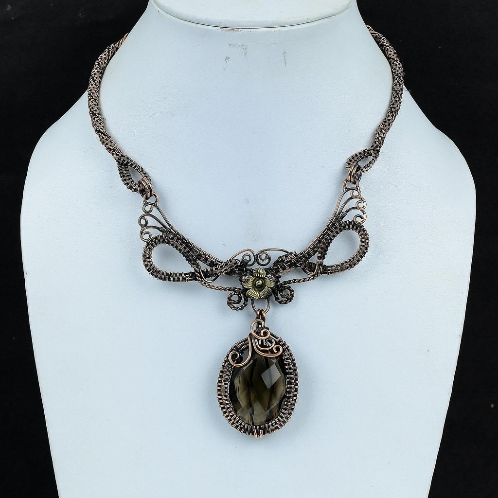 Smoky Topaz Necklace Handmade Jewelry, 999 Copper Wire Wrapped Necklace Designer Gemstone Jewelry Adjustable Chain Necklace Gift For Mom