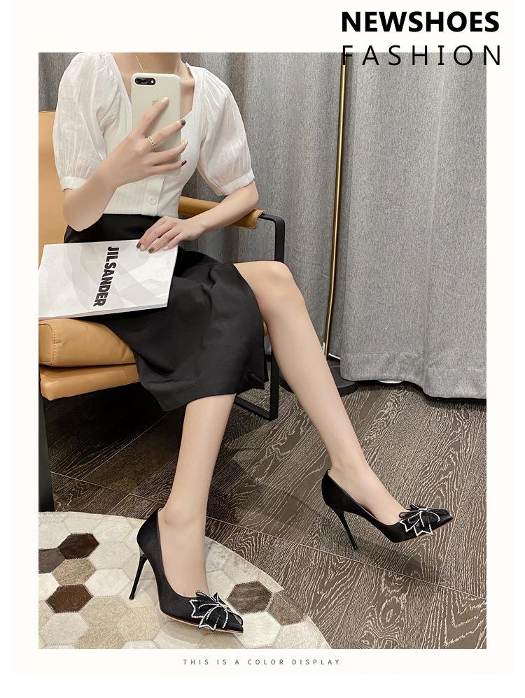 French High Heels Women's 2025 New Temperament Versatile Pointed Fairy Bow Satin Rhinestone Stiletto Shoes