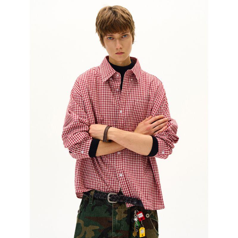 Madwitch American Classic Red and White Plaid Long-Sleeved Shirt for Men and Women, Loose Casual Versatile Couple Plaid Shirt