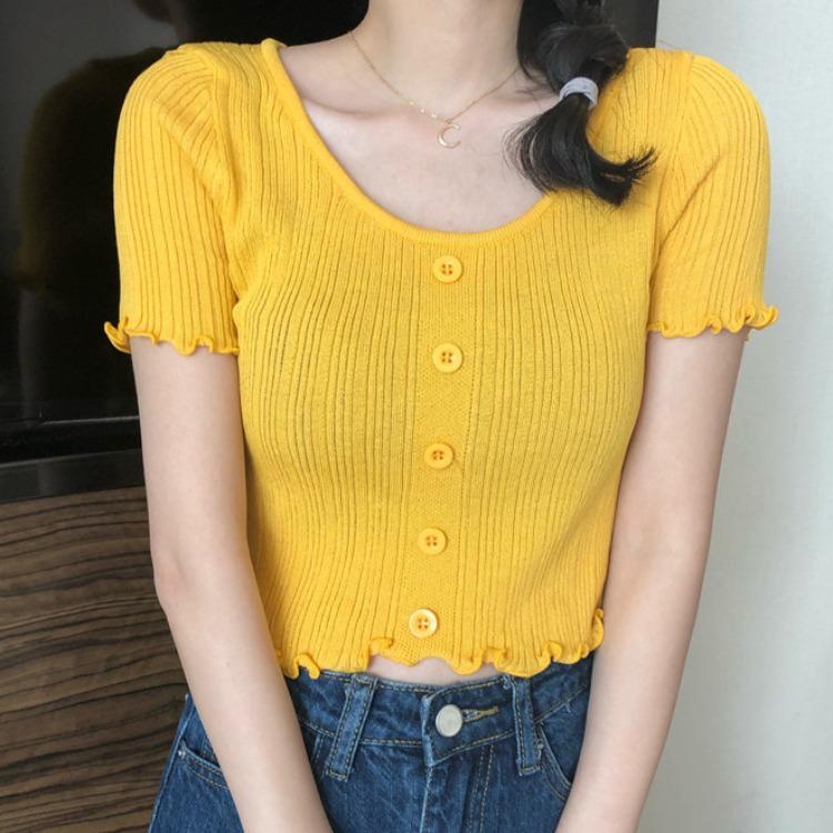 Solid Color Wood Ear Edge Summer Short Knit Round Neck Lace Short-sleeved Women's Top Slim Thin Knitwear Casual Essential Slim Fit Pullovers Tees