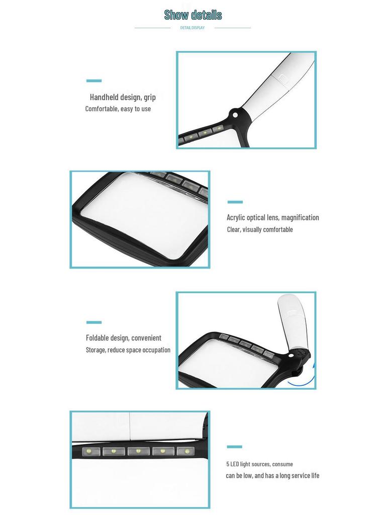Hopfällbar förstoringsglas med 5 LED-lampor, 3x förstoring, Idealisk för äldre som läser tidningar