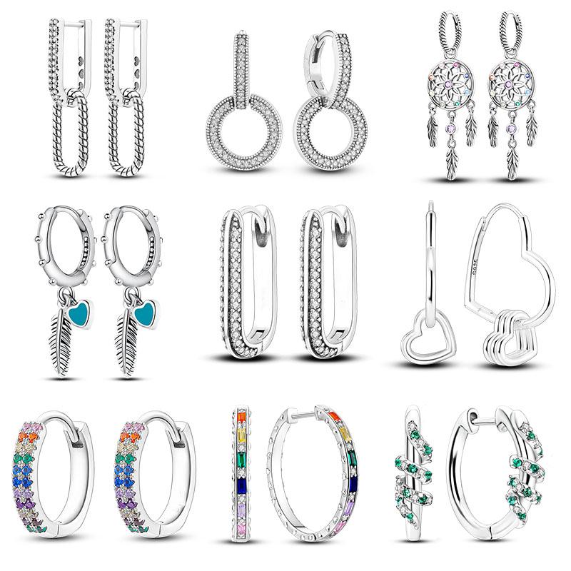 Silver Plated Women Hoop Earrings Fashion Pendientes Gift for Female Girl Sparkling Pave CZ U Heart Shape Star Moon Earring