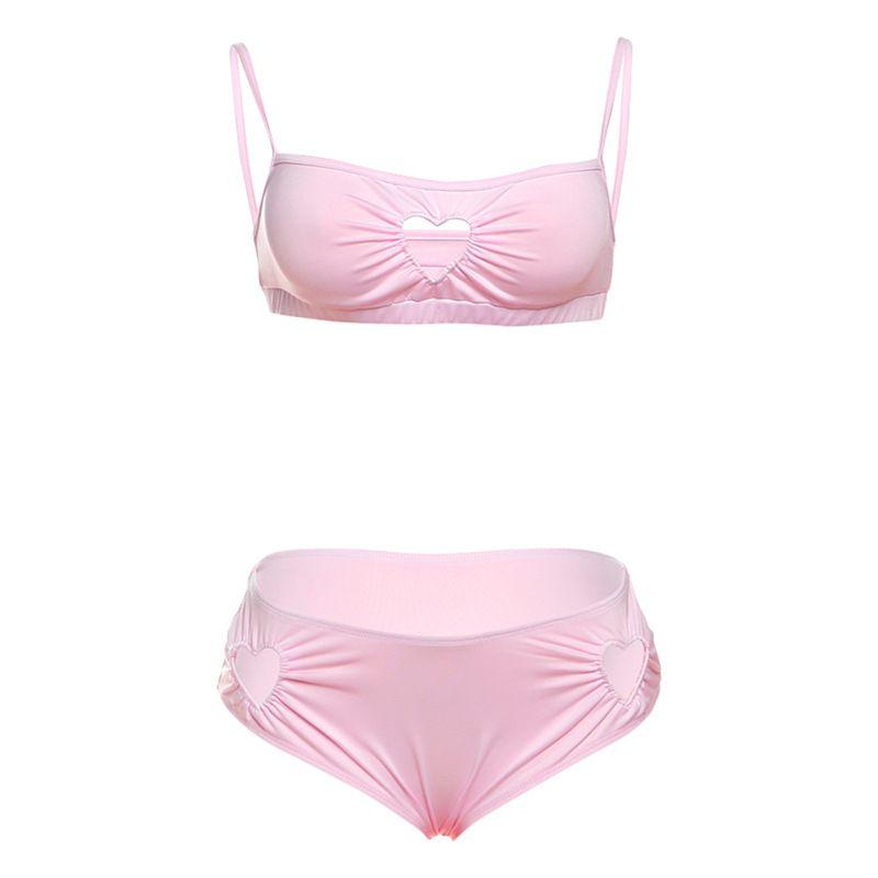 

Cnyishe Girly Style Gyaru Love Hollow Mini Cami Briefs Holiday Style Bikini set Pink S