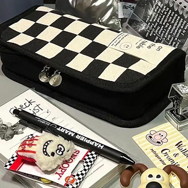 Kawaii Aesthetic Simple Black White Plaid Canvas Pencil Case Student School Stationery Bag