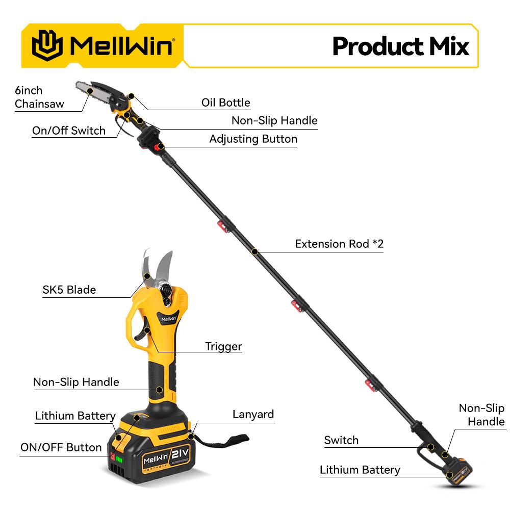 MELLWIN Perche télescopique 200cm Électrique sans balais Tronçonneuse 6 pouces Cisailles pour hautes branches Outil de jardinage pour batterie 18V 21V