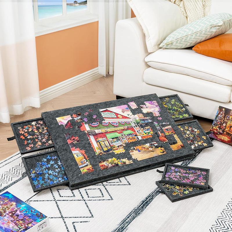 Puzzle Table Board Folding With Bracket Lid 6 Drawers Portable Adult Children Puzzle Mat Sorting Felt