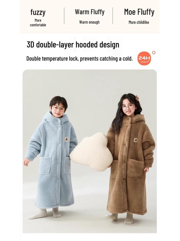 Kids' Winter Coral Fleece Bathrobe - Double-Layer Warm Pajamas for Boys or Girls