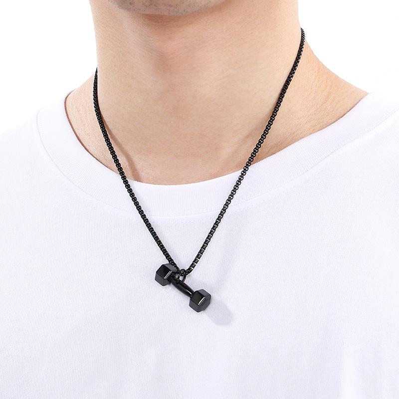 Gold Color Stainless Steel Barbell Pendant Necklace for Men Women Sports Souvenir Gift Square Pearl Chain Charm Trendy Jewelry