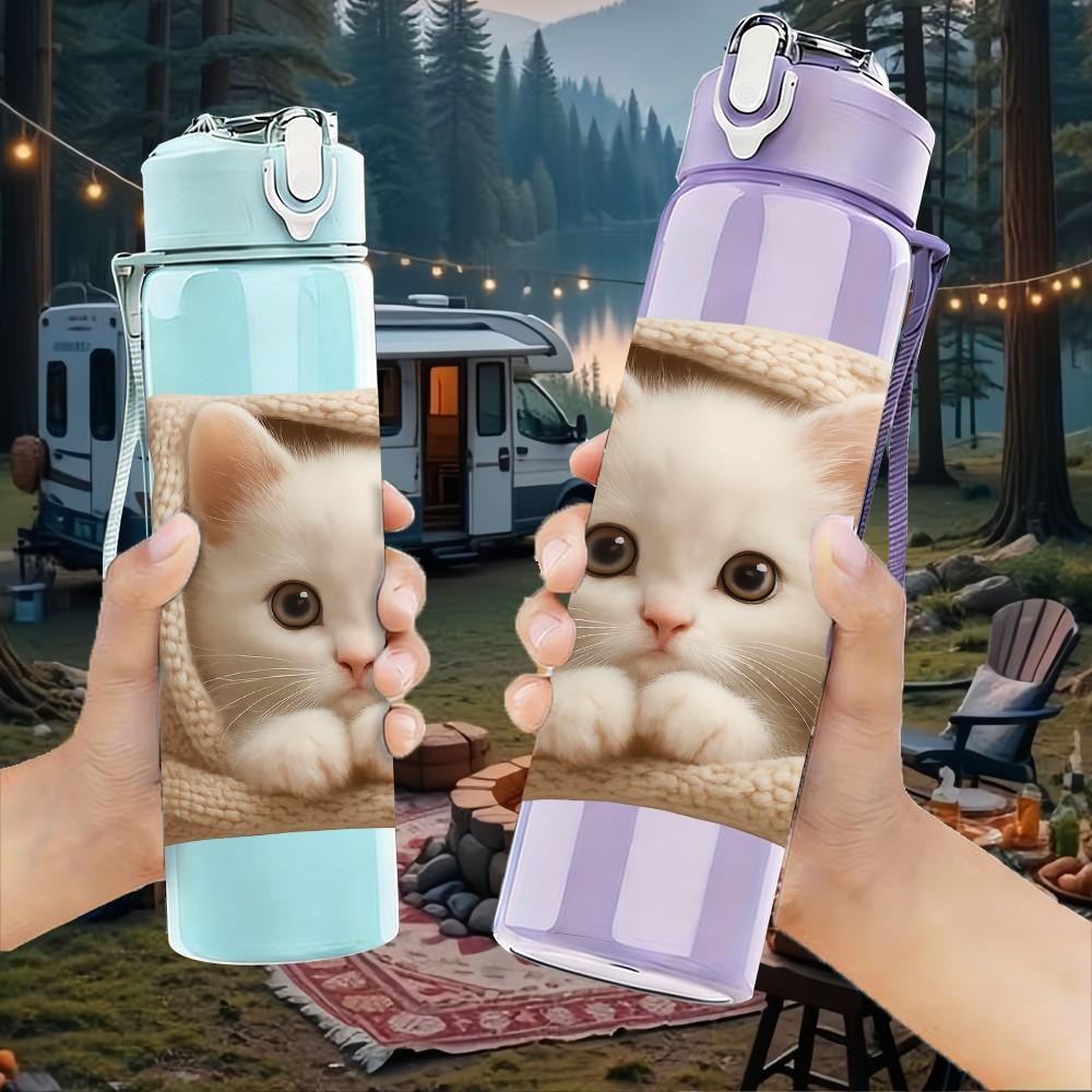 1PC Fluffy White Kitten Sleep 750ml Color Plastic Sports Water Bottle Leakproof Flip Straw Lid Suitable for Sports Office Home Use