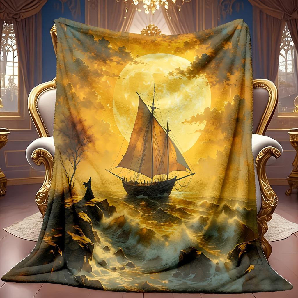 A Cozy Nautical-Themed Fleece Blanket Featuring Soft, High-Definition Digital Prints of a Night Sailing Ship And a Full Design in Golden And Blue Tone