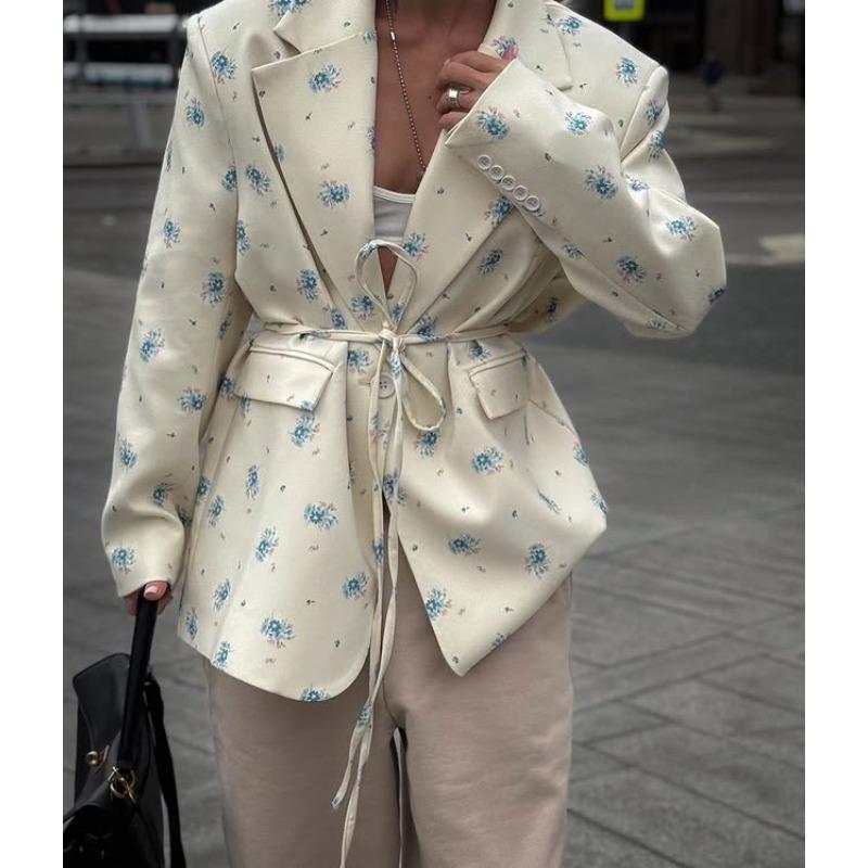 Dámské sako s potiskem, klopami a vázáním v pase, volný kabát s dlouhým rukávem, tenký, jaro a léto 2025